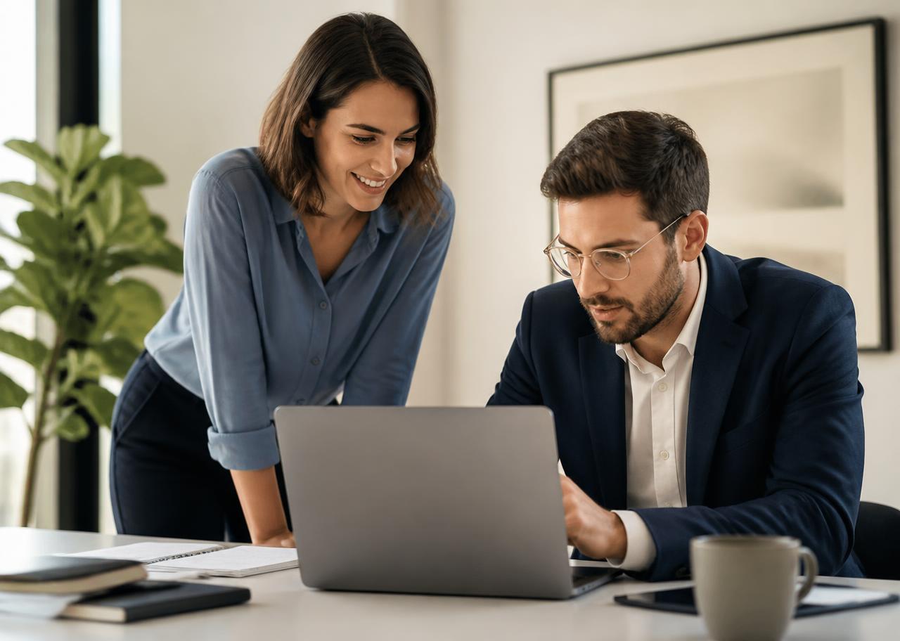 Business owner and virtual assistant reviewing work together on a laptop